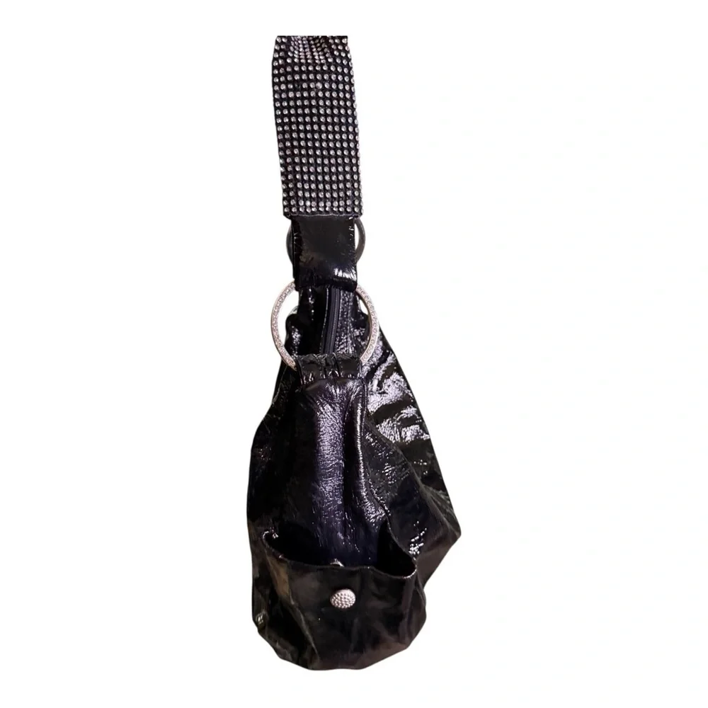 DXtouch Black Patent Leather Shoulder Bag Rhinestone Strap Y2K Glam Hobo Bag